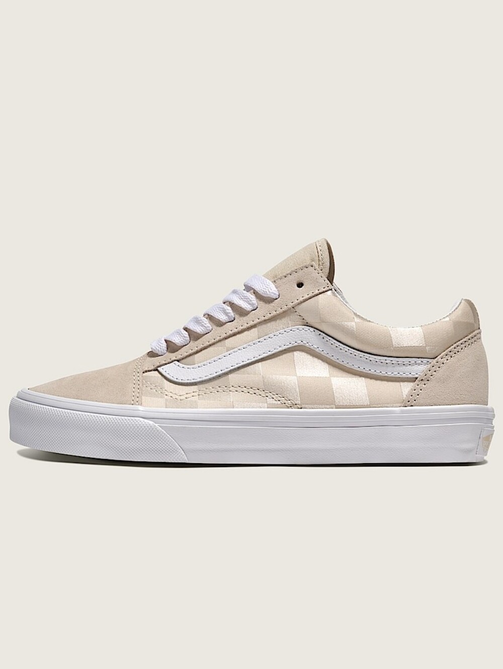 Vans Old Skool Checkerboard Satin Shoe Tan/Beige White Womans Size 6.5 Men Sz 5